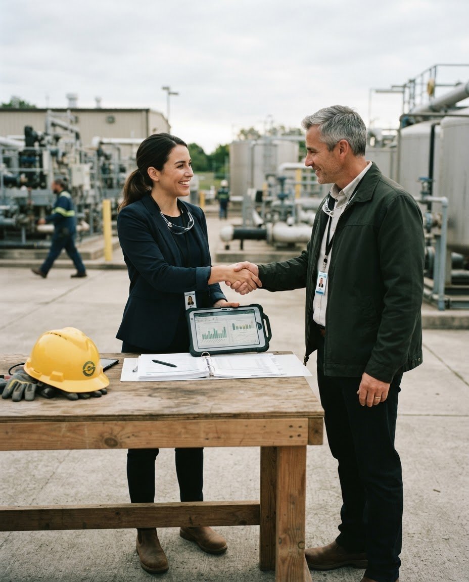 Consultora da Eco Ambientec em reunião técnica com cliente em unidade industrial